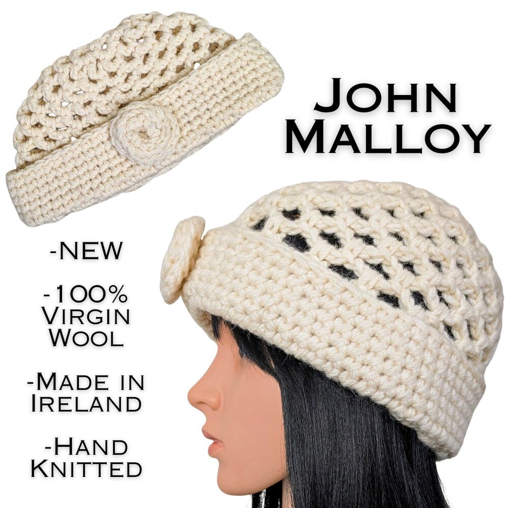 John Molloy Ireland Wool Crochet Hat Cream Open Chunky Hand Knit Center Rosette
